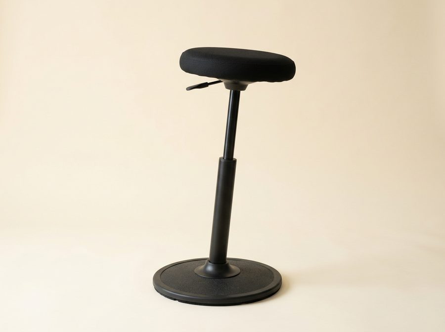 Tabouret assis-debout à petite assise ronde noire, colonne réglable et base ronde lestée
