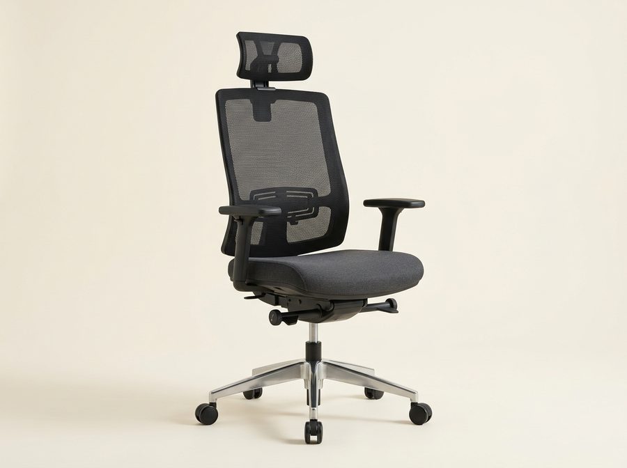 Fauteuil de bureau à dossier et appui-tête en maille noire, soutien lombaire visible, piètement aluminium poli