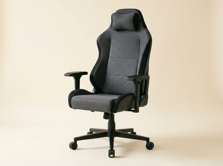 Grand fauteuil gaming en tissu gris chiné à flancs noirs, dossier haut et large, piètement noir à roulettes