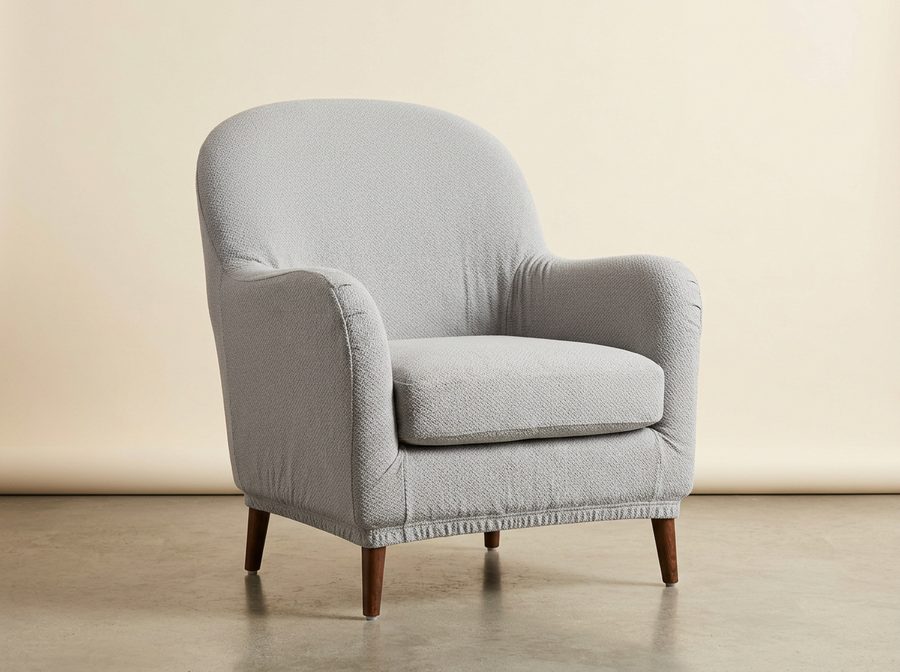 Fauteuil recouvert d’une housse extensible gris clair, ourlet élastiqué au-dessus des pieds en bois