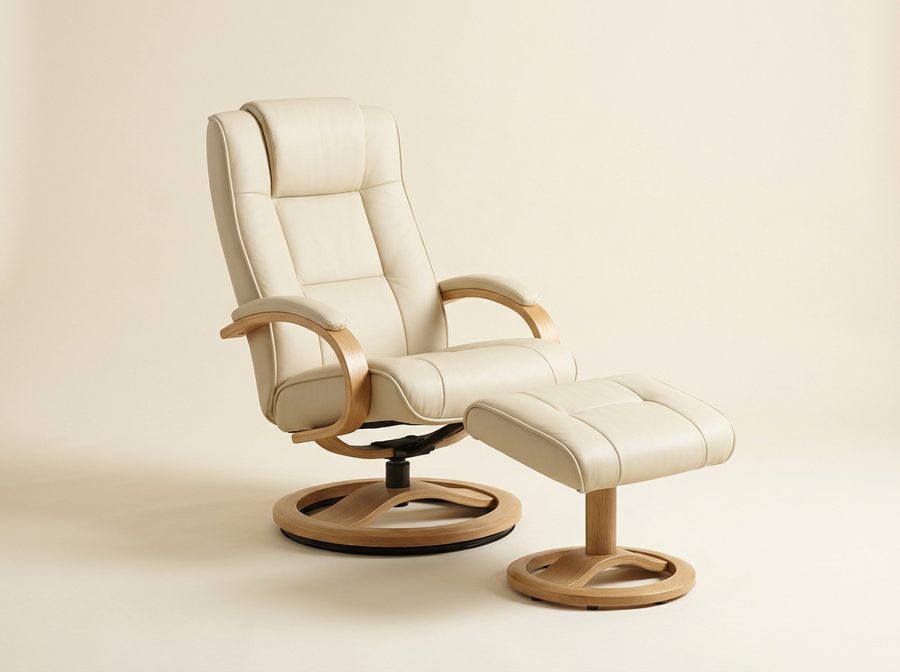 Fauteuil relax pivotant crème à accoudoirs en bois courbé, sur socle rond en bois, avec son repose-pieds assorti